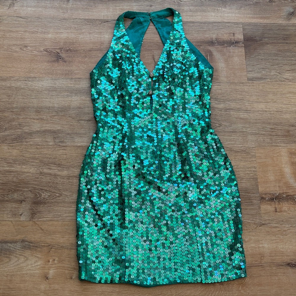 Turquoise sequin body con Niteline Della Roufogali vintage size 4 dress